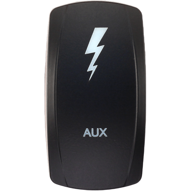 The Dash Switch Rocker Face Aux Lights by XTC Power is a black device featuring a white lightning bolt above the AUX label, indicating its function as an auxiliary electronic accessory.