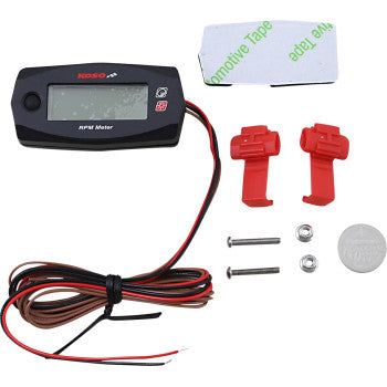 The Mini 4 Tachometer by Koso North America is a digital RPM meter kit for vehicles, featuring an LCD display with wires, two red clips, mounting screws and nuts, a coin cell battery, and double-sided adhesive tape.