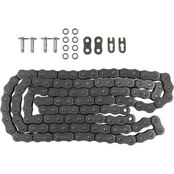 The 525 X Ring Series Drive Chain 118 Links by Moose Offroad, shown coiled in black metal with rust-resistant features, comes with several small connecting parts—bolts, plates, and washers—displayed above it on a white background.