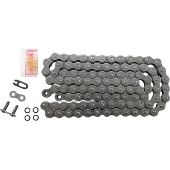 Steel 520 VX3 motorcycle chain with 100 links, including master link and installation clips in packaging.