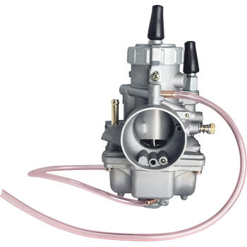 Silver metal Polaris replacement carburetor with black adjustment knobs and attached clear fuel lines.
