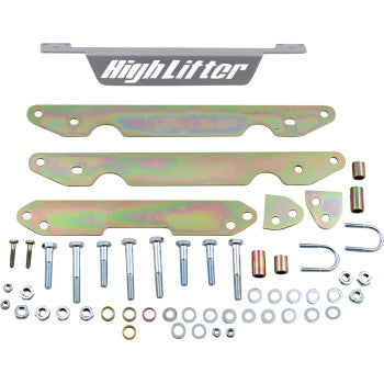 The Lift Kit Front Back 2.00 by High Lifter includes metal brackets, bolts, washers, nuts, U-bolts, and spacers for increased clearance—ideal for big wheel kits. A metal plate with the High Lifter logo is also included.