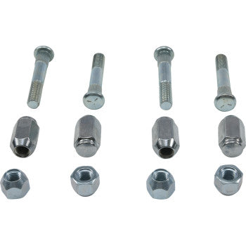 The Polaris Wheel Stud Nut Kit Front & Rear by Moose Offroad features four sets of studs and nuts—bolt, lug nut, hex nut, and cap nut—arranged in rows on a white background. Ideal for rebuilding your wheel assemblies.
