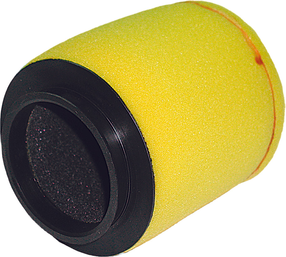 The Honda Fourtrax Air Filter by EMGO is shown: a cylindrical yellow foam filter with black plastic ends, designed for small engines or motorcycles, displayed against a white background.