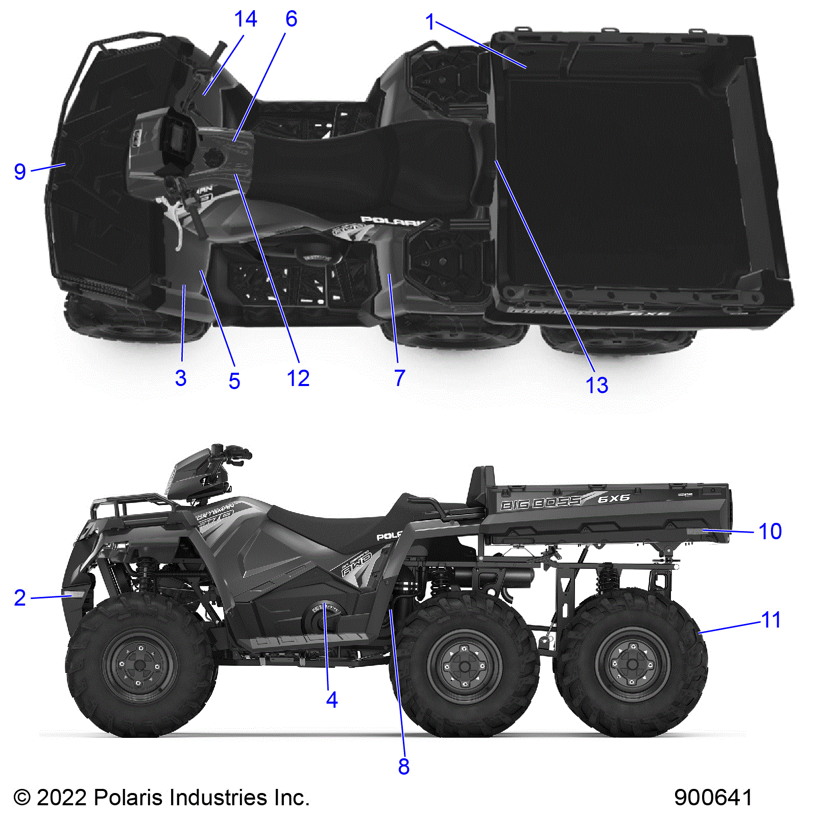 An Image of a Genuine Polaris Parts Schematic Diagram showing the schematic - BODY: DECALS GENERAL - 2023 POLARIS SPORTSMAN 570 6X6
