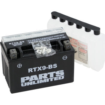 A Parts Unlimited AGM Battery RTX9 BS .40 L with a black case, clear acid pack, and white caps is displayed on a white background.