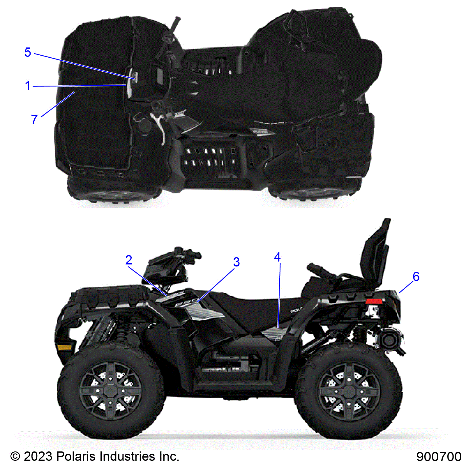 An Image of a Genuine Polaris Parts Schematic Diagram showing the schematic - BODY: DECALS GRAPHIC - 2025 POLARIS SPORTSMAN TOURING 850 48"