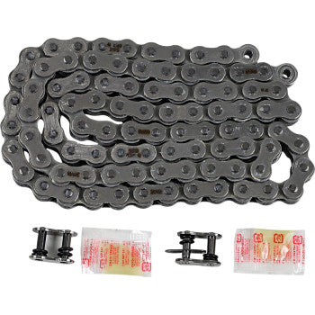 The 520 Max O Drive Chain 92 Links by RK, made in Japan, includes two chain links and two small lubricant packets, all shown on a white background. It features high tensile strength and a coiled O-ring design.