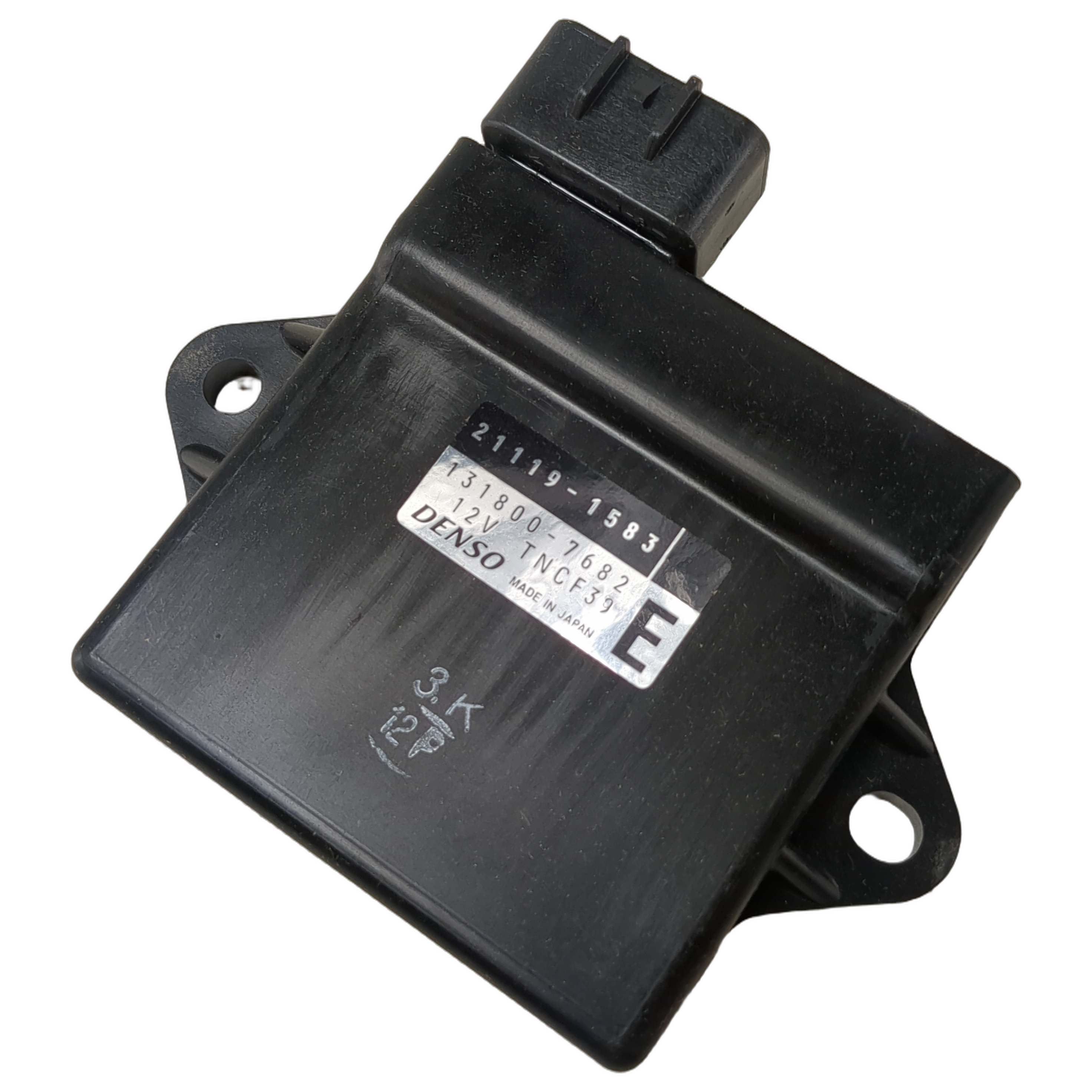 Black rectangular Kawasaki ignition control module with electrical connector and mounting holes.