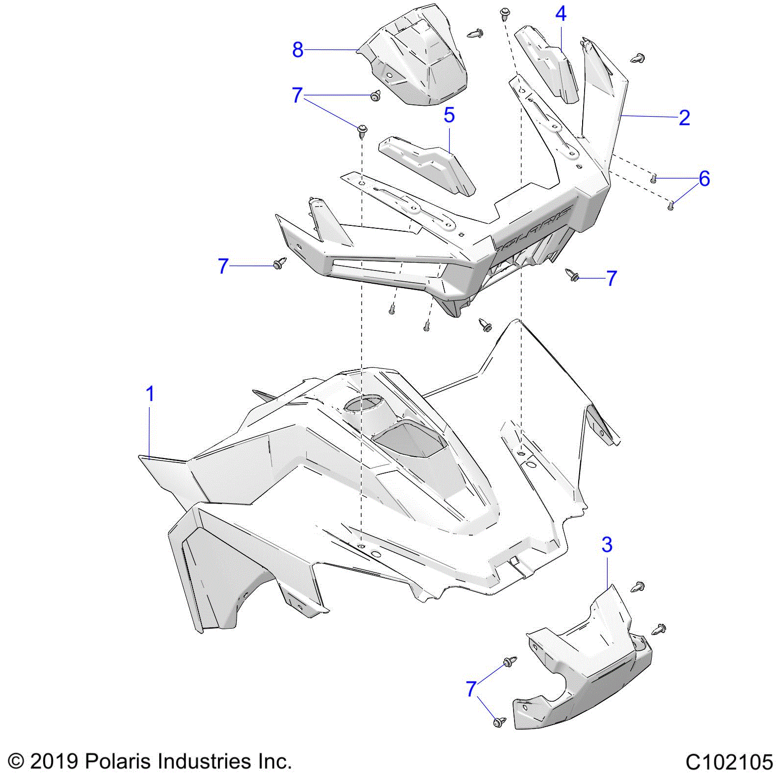 An Image of a Genuine Polaris Parts Schematic Diagram showing the schematic - BODY: FRONT - 2023 POLARIS OUTLAW 70 LE