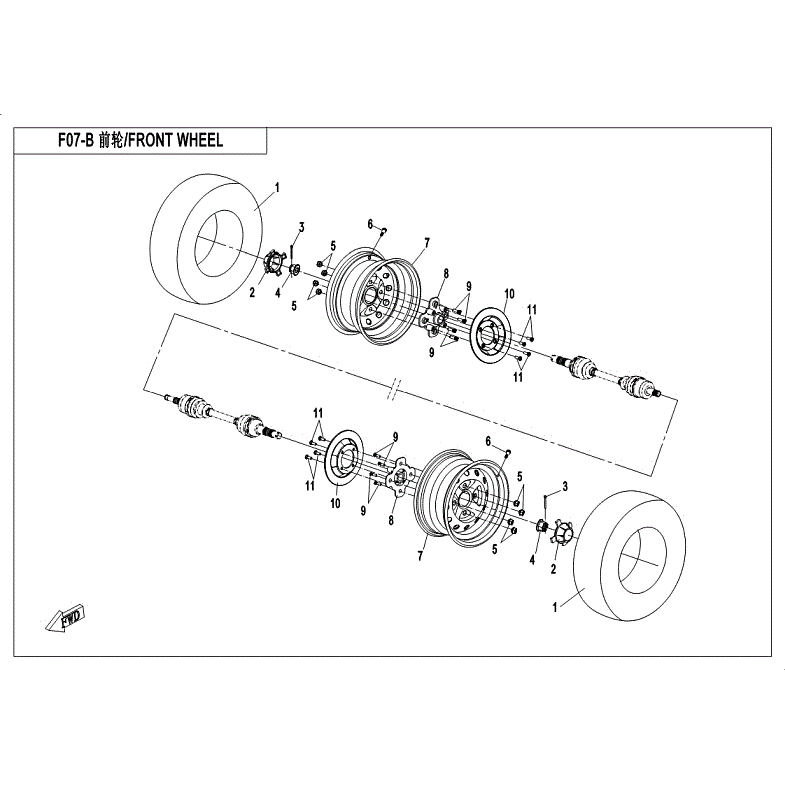 An Image of a Genuine CFMOTO Parts Schematic Diagram showing the schematic - FRONT WHEEL ASSY (2018) - 2018 CFMOTO ZFORCE 500