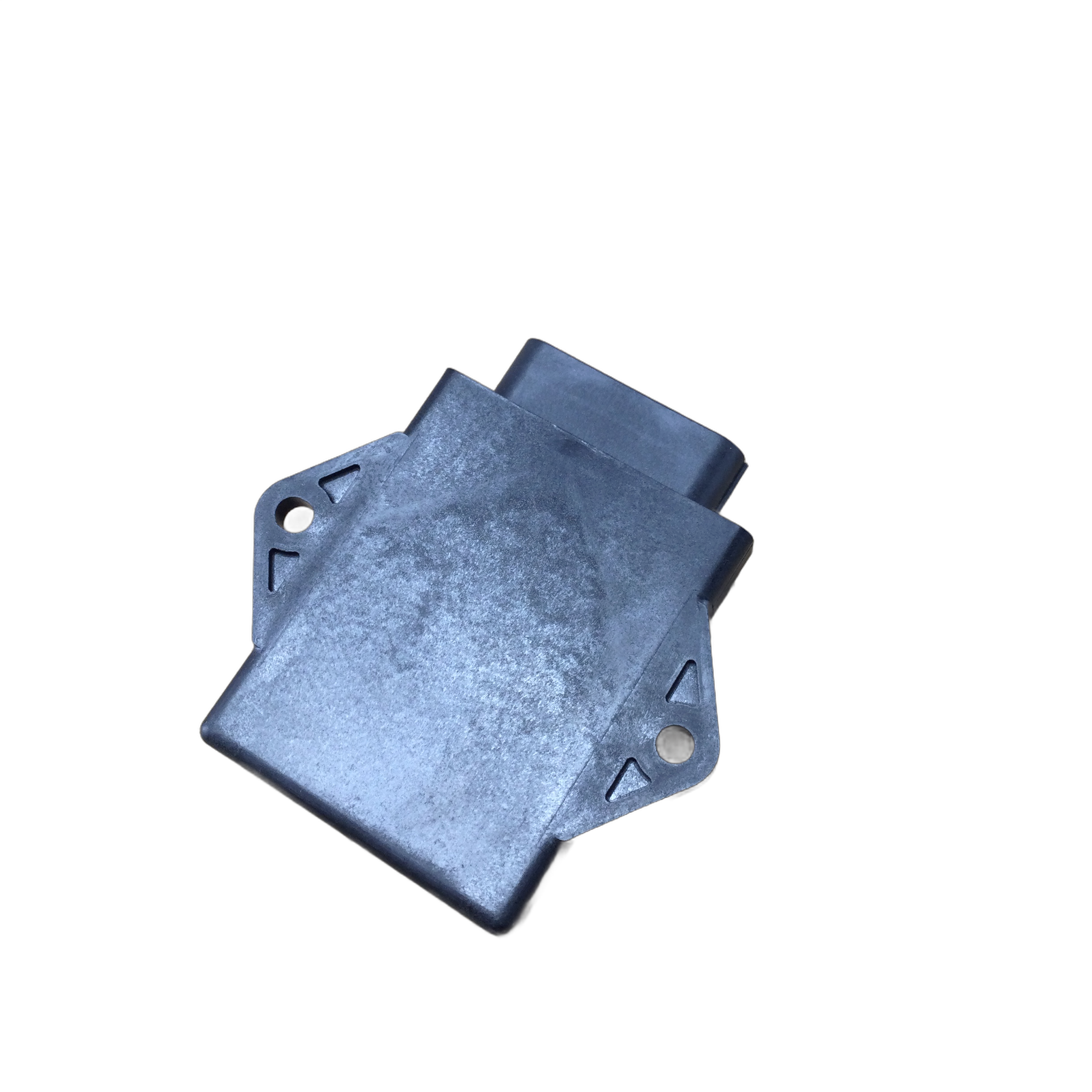 This black, rectangular Electronic Control Unit (ECU) by Kawasaki features a connector and two mounting holes, and is shown isolated on a white background.
