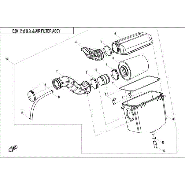 An Image of a genuine CFMOTO Parts Schematic Diagram showing the group - AIR FILTER ASSY - 2015 CFMOTO CFORCE 500 HO