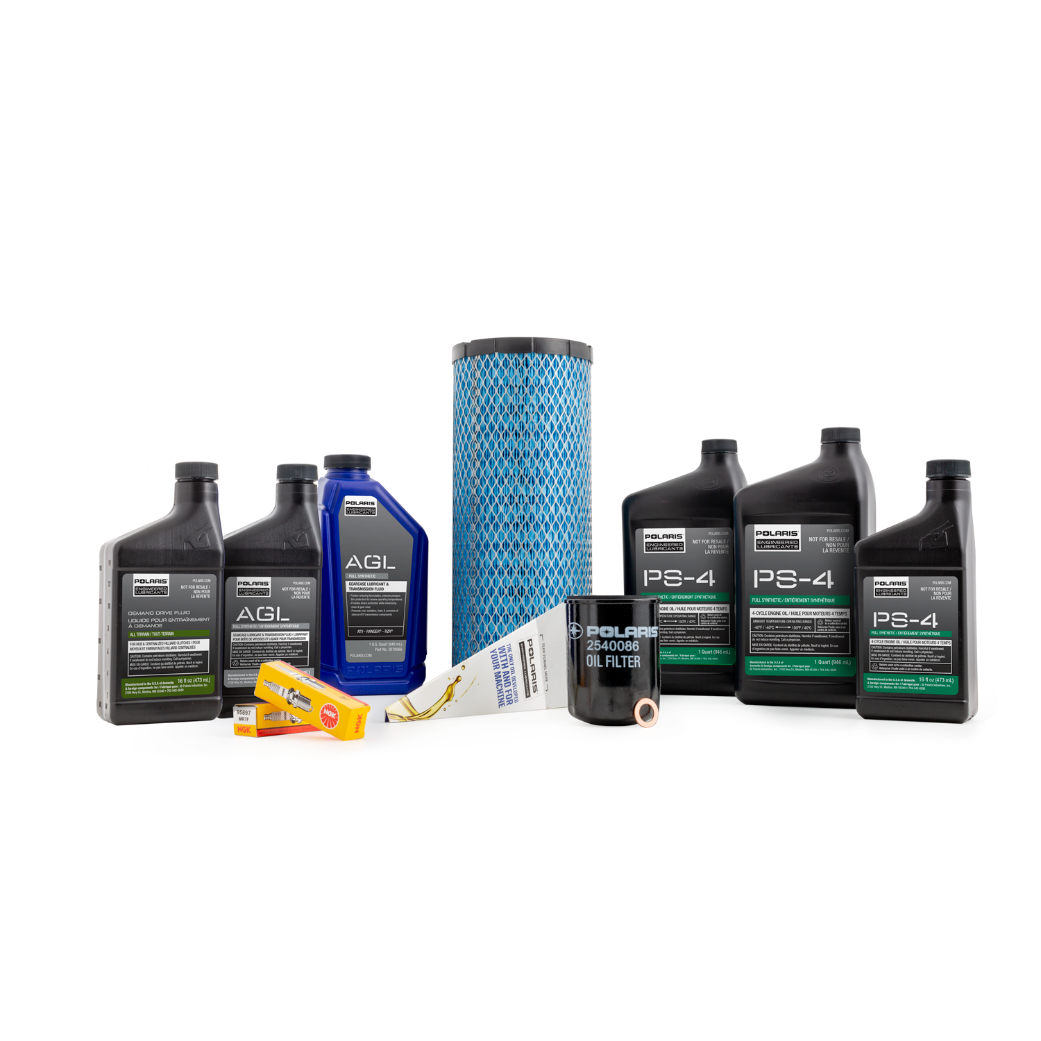 Set of Polaris maintenance fluids, filters, and spark plugs for offroad vehicles in black, blue, and yellow containers.