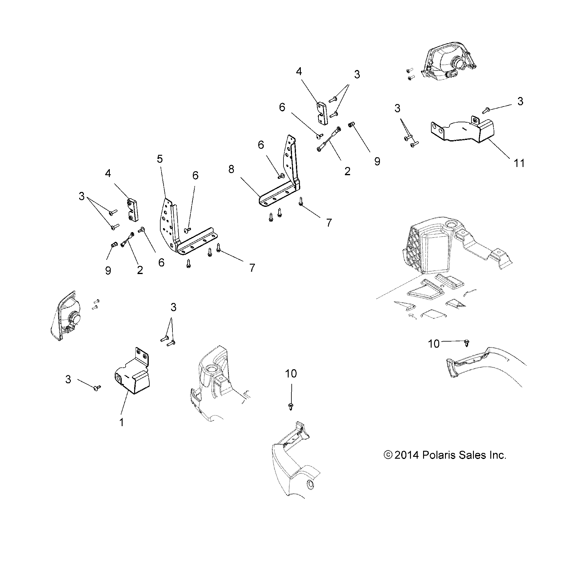 An Image of a Genuine Polaris Parts Schematic Diagram showing the schematic - BODY: TAILGATE BRACKETS - 2020 POLARIS SPORTSMAN 570 X2