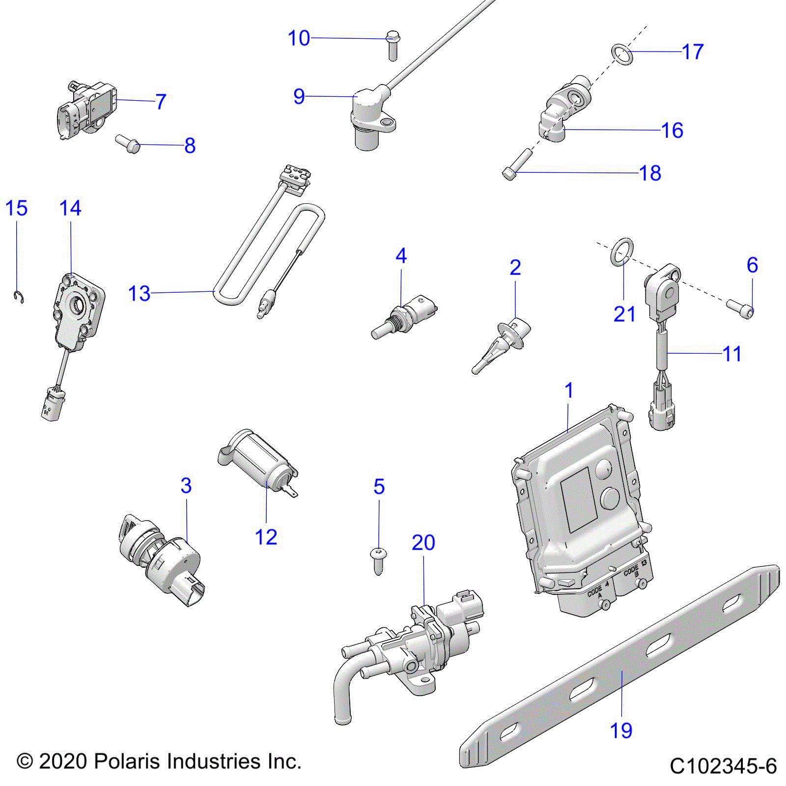 An Image of a Genuine Polaris Parts Schematic Diagram showing the schematic - ELECTRICAL: SWITCHES SENSORS ECU and CONTROL MODULES - 2022 POLARIS SCRAMBLER 850 48"