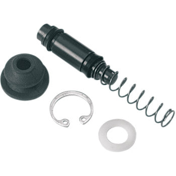 The Clutch Master Cylinder Piston Kit Hymec 10.5 mm by Magura features a black cylindrical piston, metal spring, rubber cap, white washer, and circlip—ideal for KTM OEM hydraulic clutch replacements—displayed on a white background.