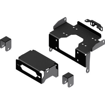 The Honda Talon Winch Mount by KFI Products is shown with black steel brackets and mounting components, including a contactor mounting bracket, featuring cutouts and holes for screws, separated and arranged for assembly.