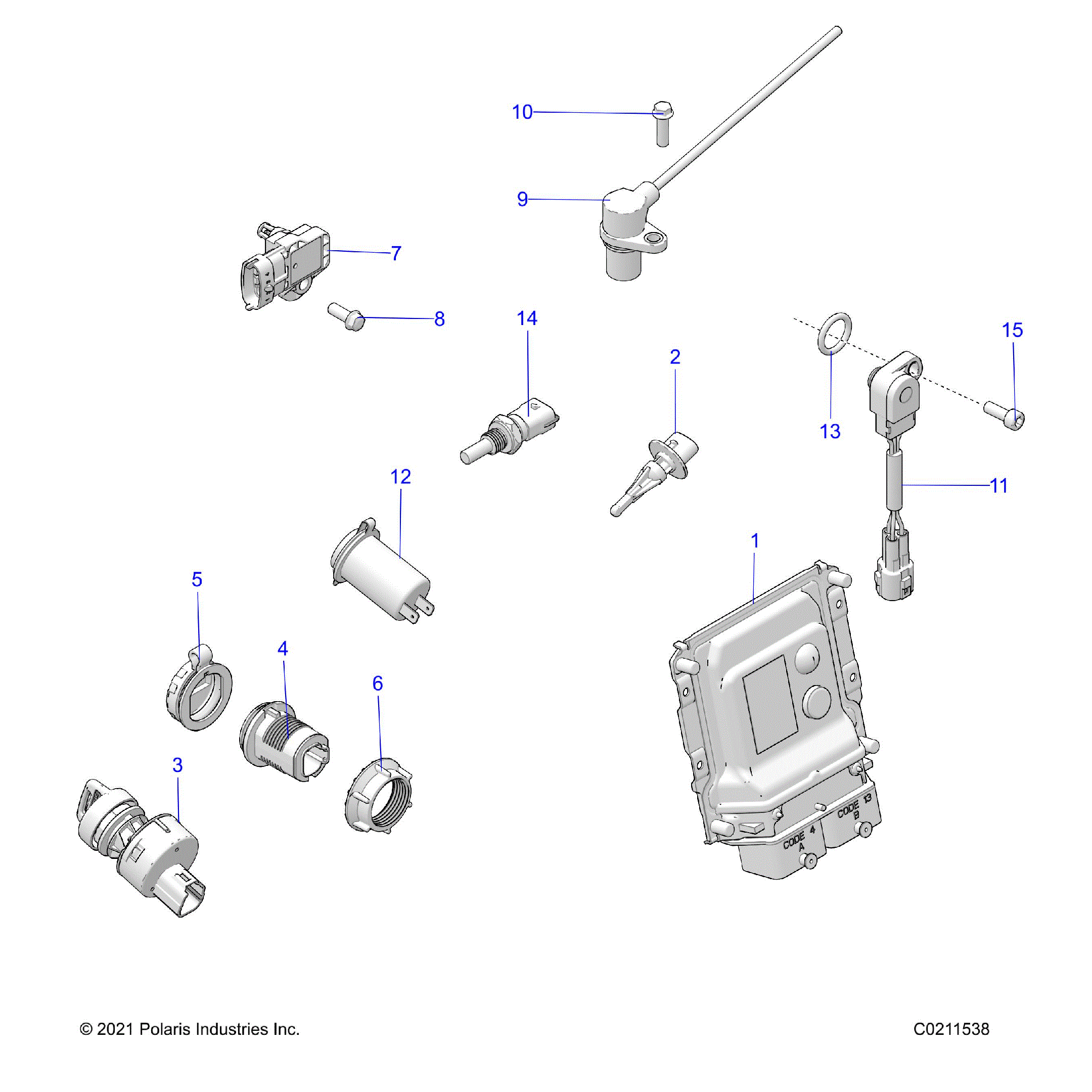 An Image of a Genuine Polaris Parts Schematic Diagram showing the schematic - ELECTRICAL: SWITCHES SENSORS ECU and CONTROL MODULES - 2024 POLARIS SPORTSMAN 850 48"