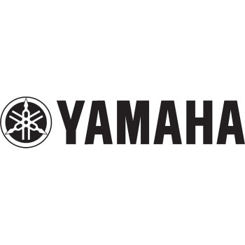 The image displays the Yamaha logo with three interlocking tuning forks in a circle beside bold black "YAMAHA" text on white—ideal for the Yamaha Die Cut Decal 3' 09 by Factory Effex.