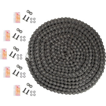 A Parts Unlimited 525 O Ring Series Bulk Drive Chain (25 feet) is displayed on a white background with five sets of small connecting parts and pink-and-orange texted boxes neatly arranged beside the coiled metal chain.