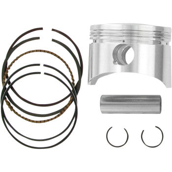 The Suzuki - Arctic Cat Piston Kit 69.50 mm by Wiseco for 4-stroke engines includes a silver piston, piston rings, wrist pin, and two circlips on a white background. Made in the USA for reliable performance.