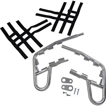 Honda TRX Nerf Bars Silver by Motorsport Products shown with two metal frames, EZ-fit clamp brackets, mounting hardware, and two black nylon webbing nets—ideal as safety guards for ATVs or UTVs. Displayed on a white background.