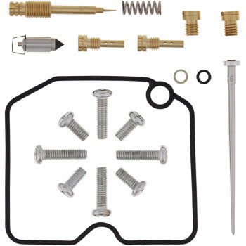 The Arctic Cat Carburetor Repair Kit by Moose Offroad includes brass jets, screws, a float valve, a spring, washers, fuel-resistant NBR rubber O-rings, a black gasket, and a metal needle neatly arranged on a white background.