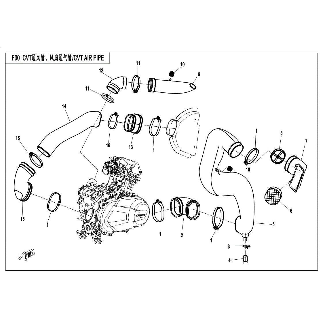 An Image of a Genuine CFMOTO Parts Schematic Diagram showing the schematic - CVT AIR PIPE AND SIDE COVER - 2017 CFMOTO ZFORCE 500