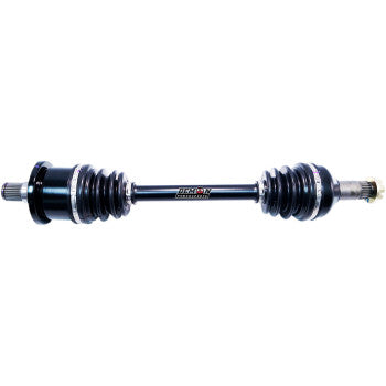 Black heavy-duty metal axle shaft with protective rubber boots on each end and precision-machined joints.