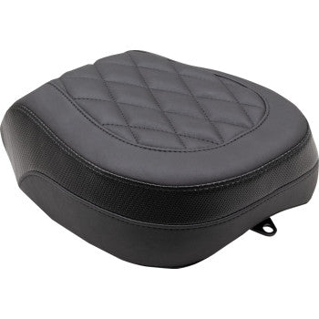 The Recessed Passenger Seat - Black - Diamond Stitch by Mustang is a black, rectangular motorcycle seat with diamond stitching and textured sides, designed to fit Indian Chief models for enhanced comfort and added style.