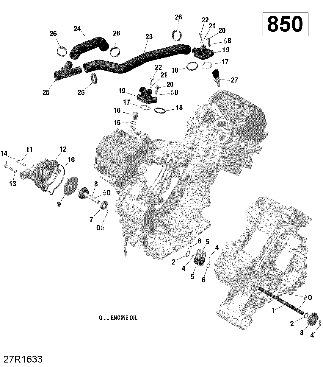 An Image of a Genuine Can-Am Parts Schematic Diagram showing the schematic - ENGINE COOLING - 850 EFI