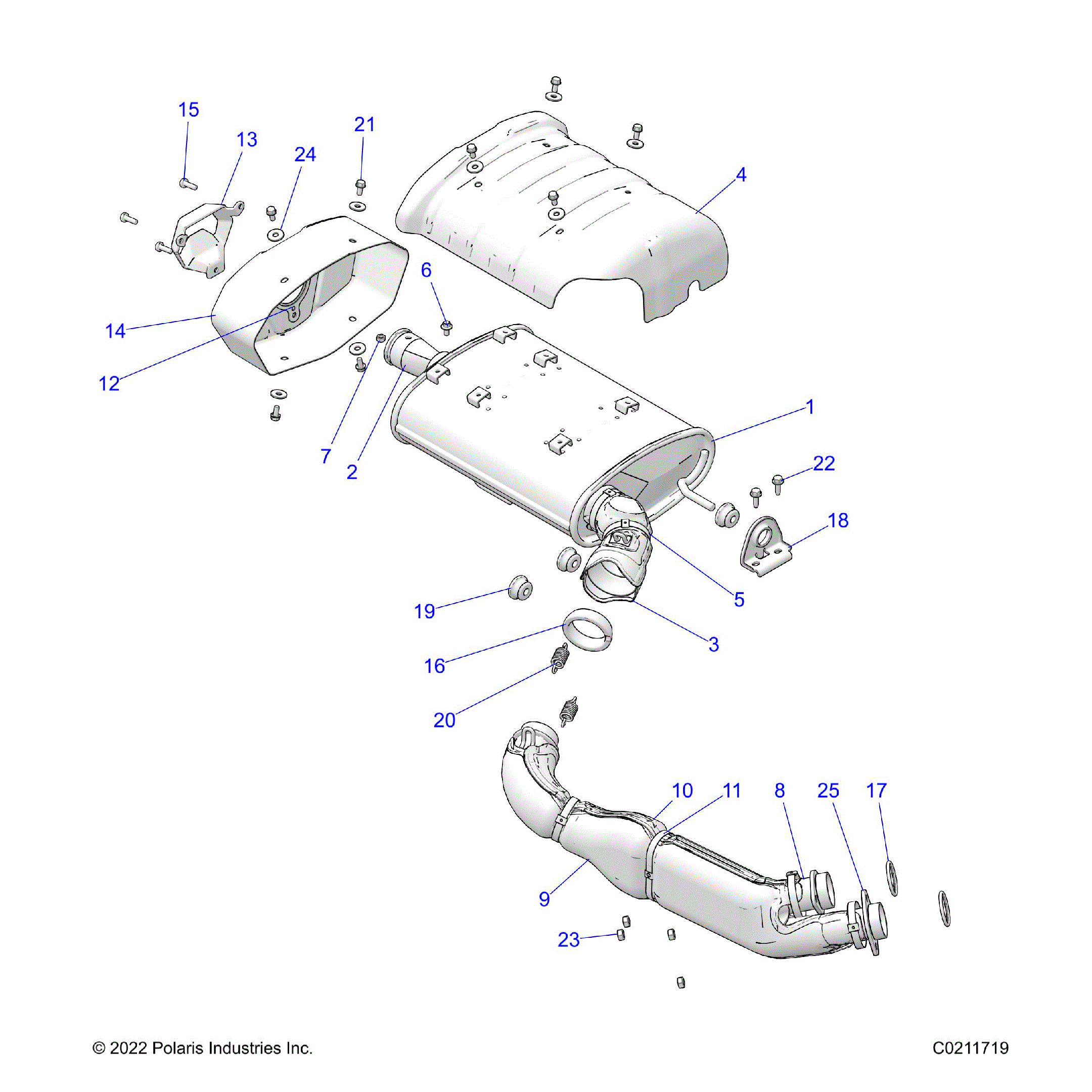 An Image of a Genuine Polaris Parts Schematic Diagram showing the schematic - ENGINE: EXHAUST - 2022 POLARIS SPORTSMAN XP 1000 S 55"