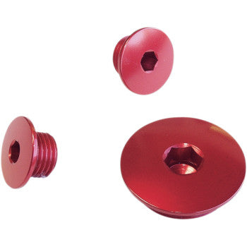 Three red Yamaha Engine Timing Plugs by Works Connection, made from 6061 T-6 aluminum with hexagonal sockets, threaded bodies, and smooth flat tops, are displayed against a white background.