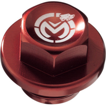 The Magnetic Float Bowl Drain Plug by Zip Ty Red by Moose Offroad is a red billet aluminum drain plug featuring a white stylized "M" and racing flag logo, and includes a rare earth magnet for extra functionality.