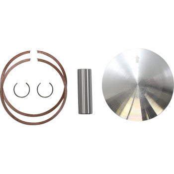 Polished silver piston with 82.93 mm diameter, two brown piston rings, two black circlips, and a cylindrical silver wrist.