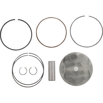 The Kawasaki - Suzuki Piston Kit 89.96 mm by Prox includes CNC machined engine parts: circular piston rings, a cylindrical pin, two small snap rings, and a round low-friction alloy piston, all arranged neatly.