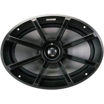 Oval-shaped black 6x9 Coaxial Speakers 2 ohm by Kicker, featuring a metallic grille and central cone. The KICKER logo appears at the top, promising high-grade sound quality for your ride.