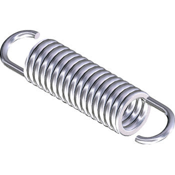 A close-up of the Manual Lift Spring by Kfi Products, featuring tightly wound coils and hooks on both ends, commonly used in plow mounting hardware or hand lift mechanisms for applying mechanical tension.