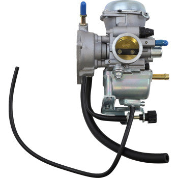 Silver metal Suzuki replacement carburetor with black hoses and blue connector caps.