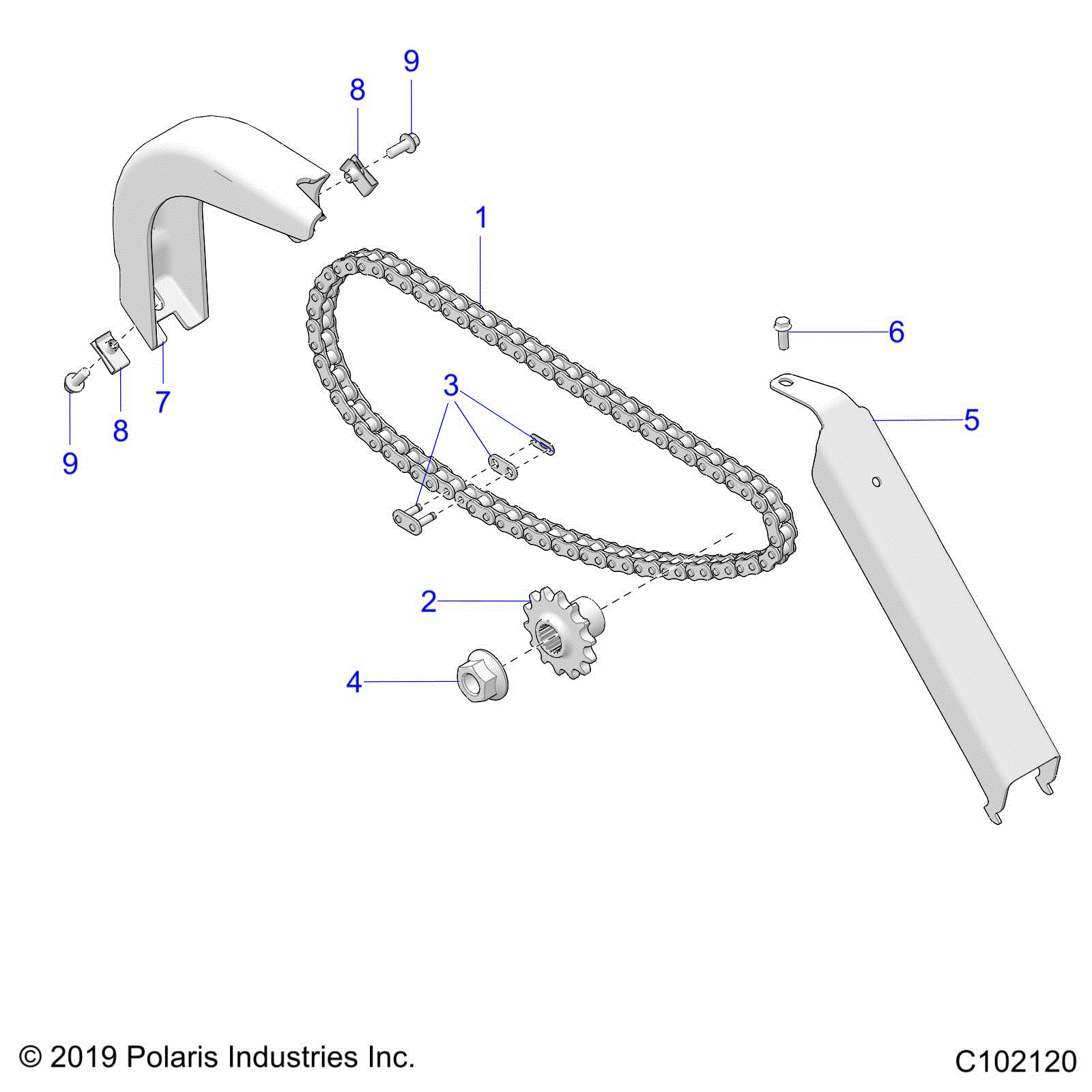An Image of a Genuine Polaris Parts Schematic Diagram showing the schematic - DRIVE TRAIN: CHAIN AND GUARDS - 2021 POLARIS OUTLAW 70