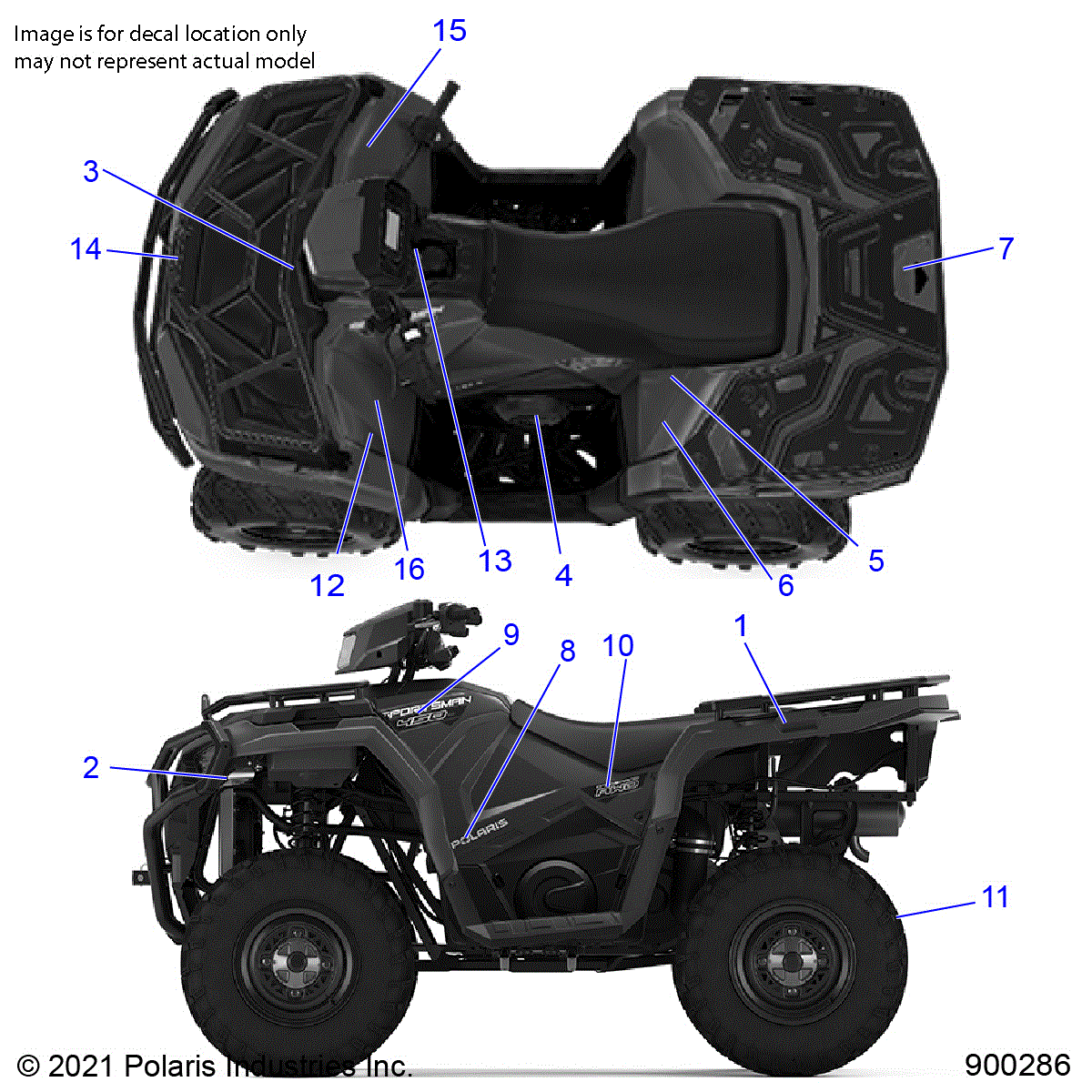 An Image of a Genuine Polaris Parts Schematic Diagram showing the schematic - BODY: DECALS - 2021 POLARIS SPORTSMAN 450 HO UTILITY