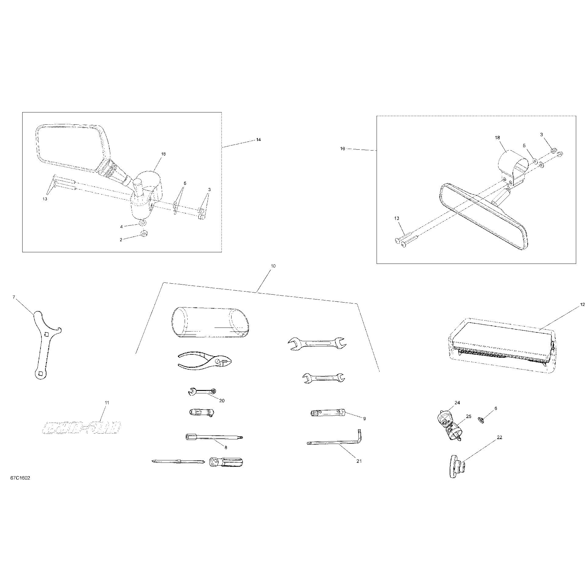 An Image of a Genuine Can-Am Parts Schematic Diagram showing the schematic - MIRRORS AND TOOLS