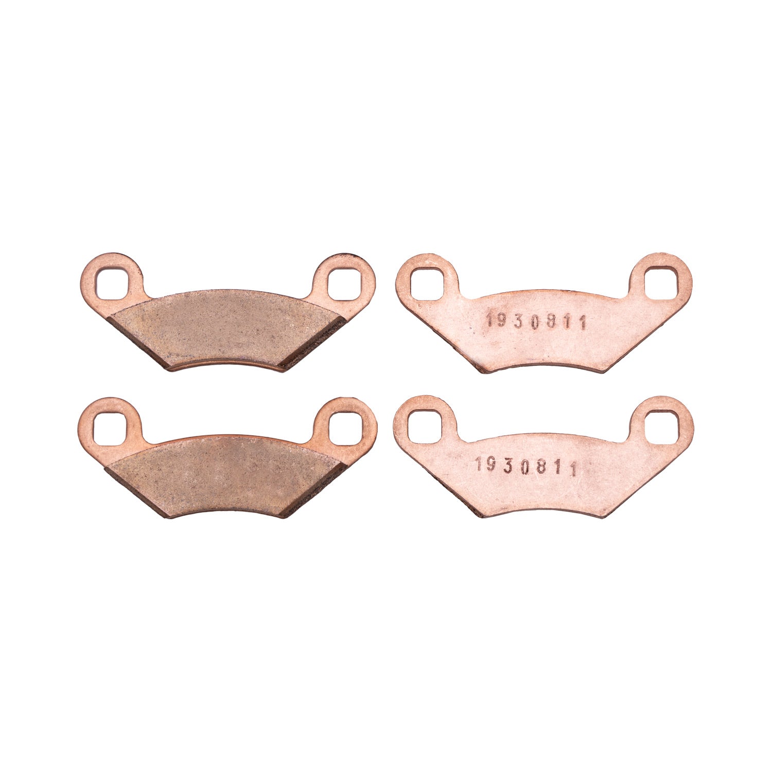 Set of four copper-colored front brake pads with curved and rectangular shapes for Polaris UTVs.