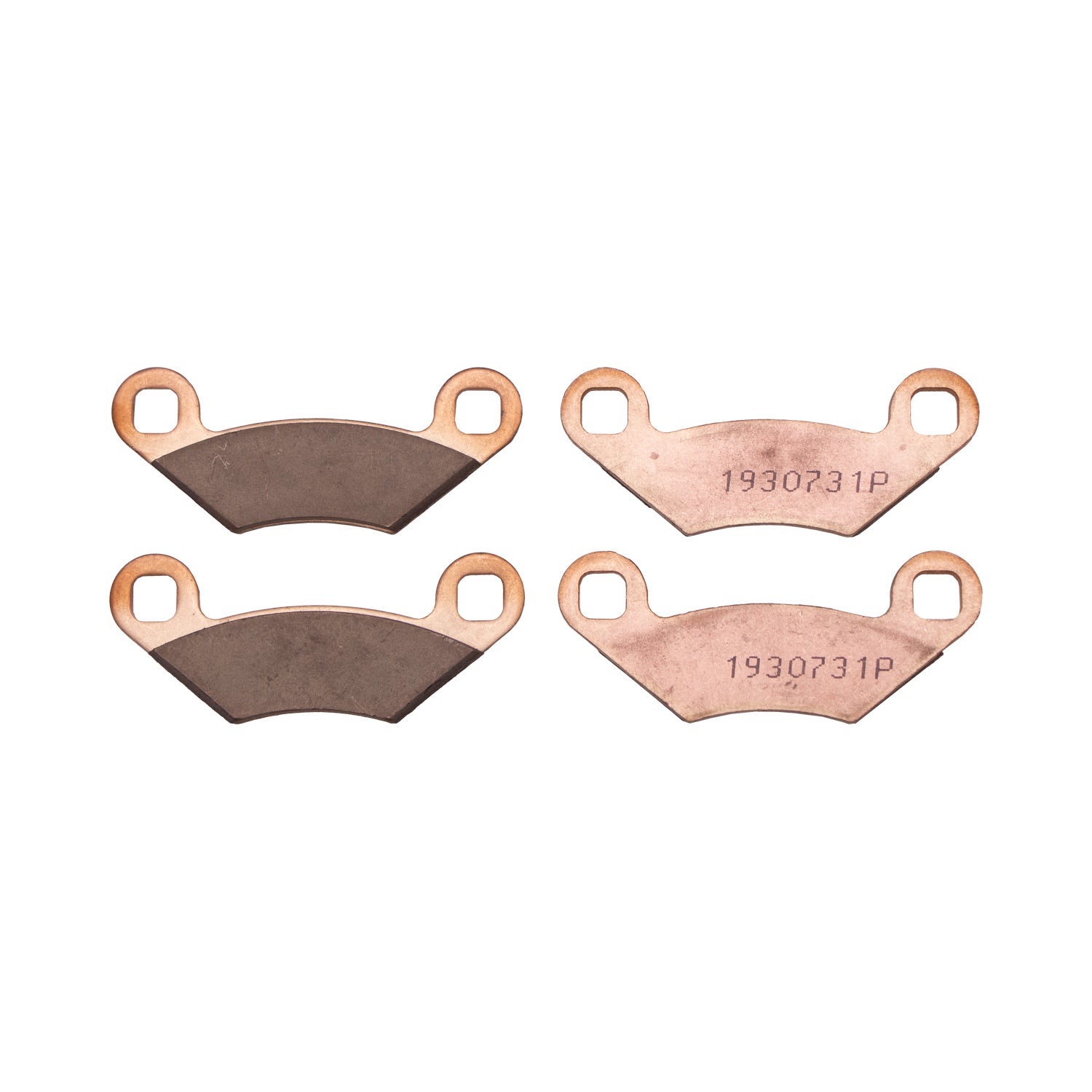 Set of four front brake pads with copper backing plates and dark friction material, curved design.