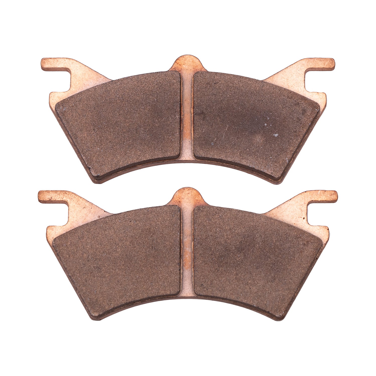 Pair of copper-colored metallic brake pads with dark friction surfaces and notched tabs for attachment.