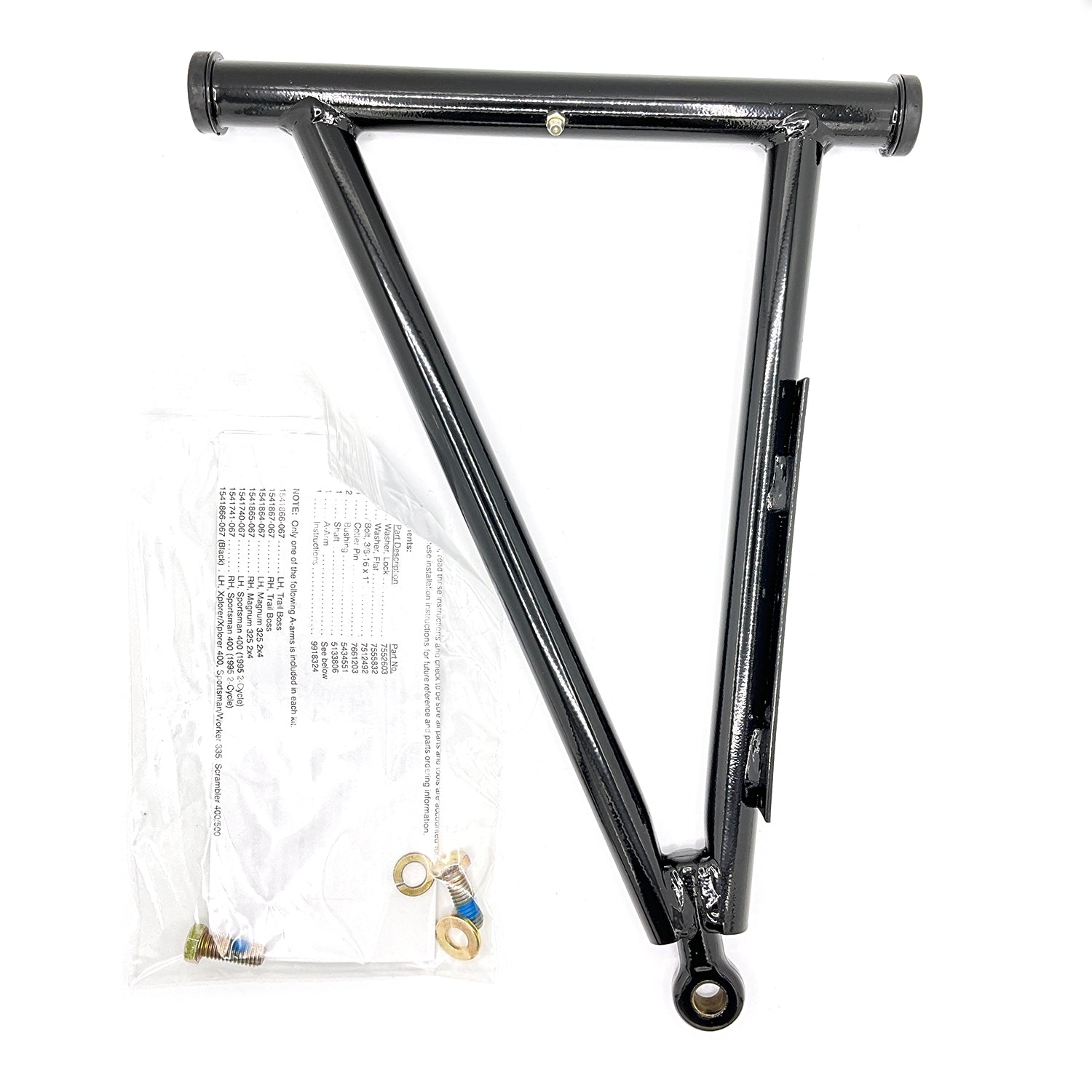 Black metal right A-arm suspension component with triangular frame and mounting points, includes small hardware kit.