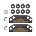 Set of two curved black brake pads with friction material, eight black round shims, one copper-colored washer, and two small