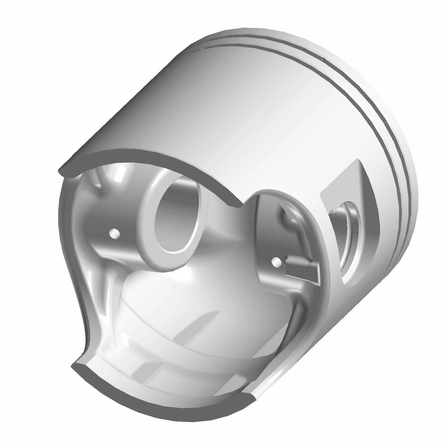 Silver cylindrical metal piston with smooth surface and cutouts designed for engine fitment.