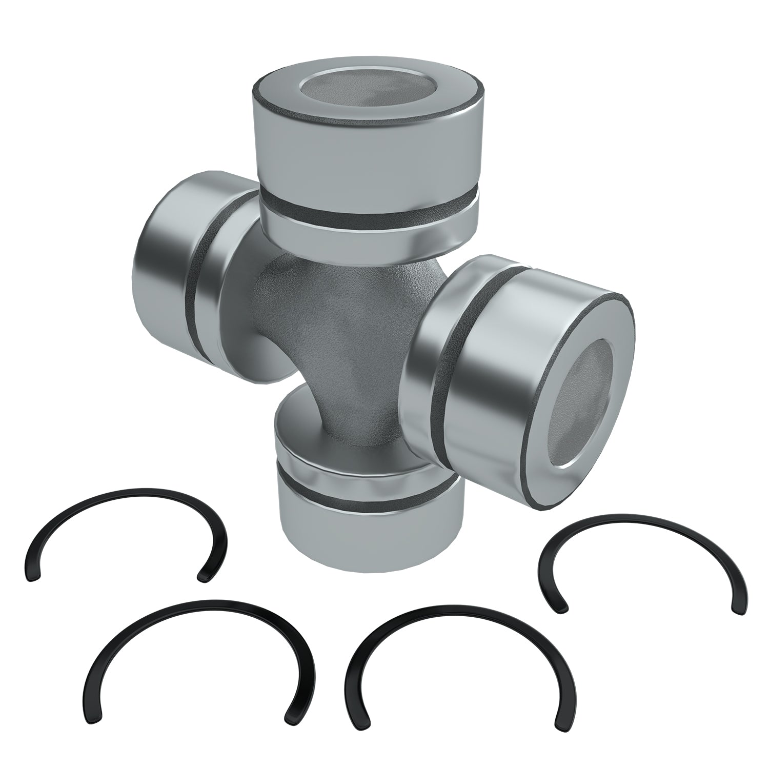 Metallic silver U-joint with four cylindrical caps and five black retaining clips arranged below.